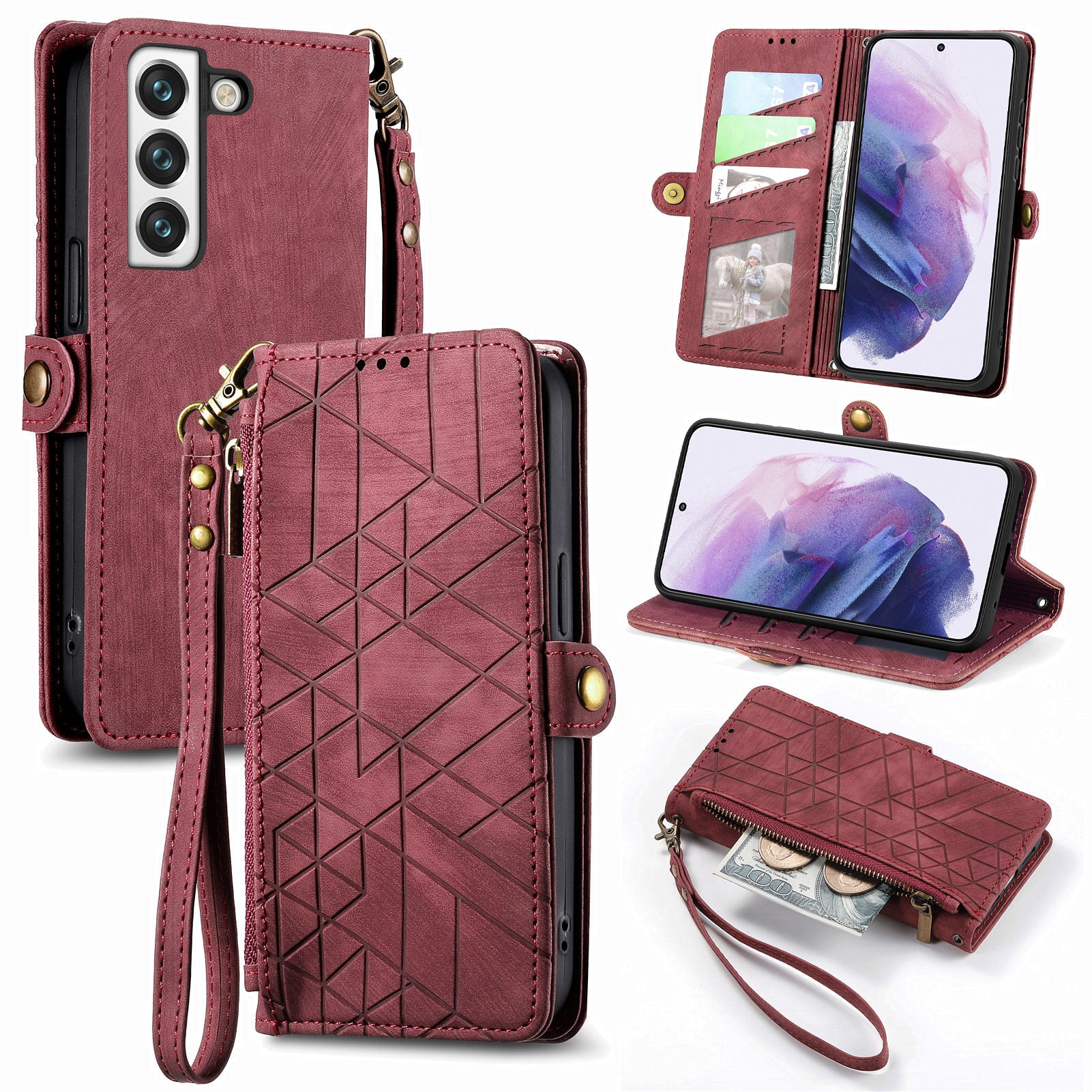 For Samsung Galaxy S22 5G Zipper Pocket Phone Case Geometry Imprinted PU Leather Wallet Stand Cover For Samsung Galaxy S22 5G Zipper Pocket Phone Case Geometry Imprinted PU Leather Wallet Stand Cover